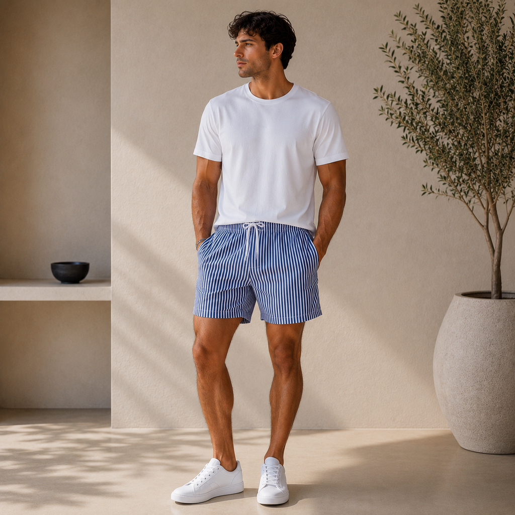 ROMMY Bondi Stripe Short in Blue Vertical Stripe – Men's Shorts | Rommy