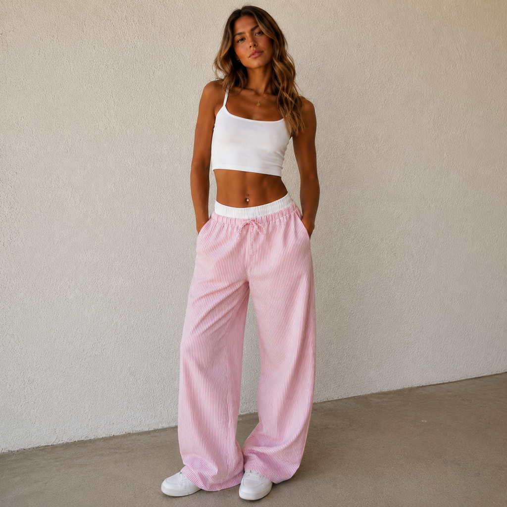 ROMMY Frankie Plaid Pants in Striped Pink – Women's Pants | Rommy