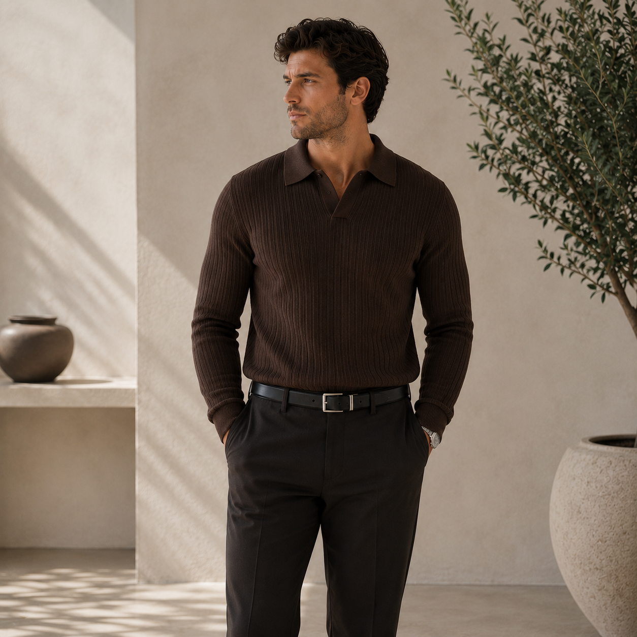 ROMMY Carter Knitted Polo in Dark Brown – Men's Polo | Rommy